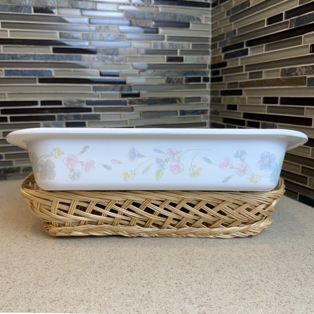 Vintage Corning Ware A-21 Pastel Bouquet Lasagna Roaster 12x10 w/ Wicker Basket